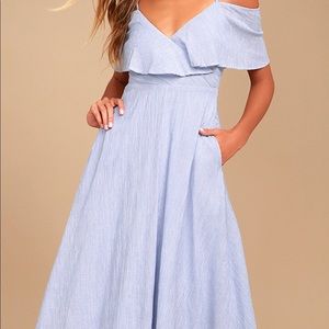Blue and White Striped Off-the-Shoulder Midi Dress